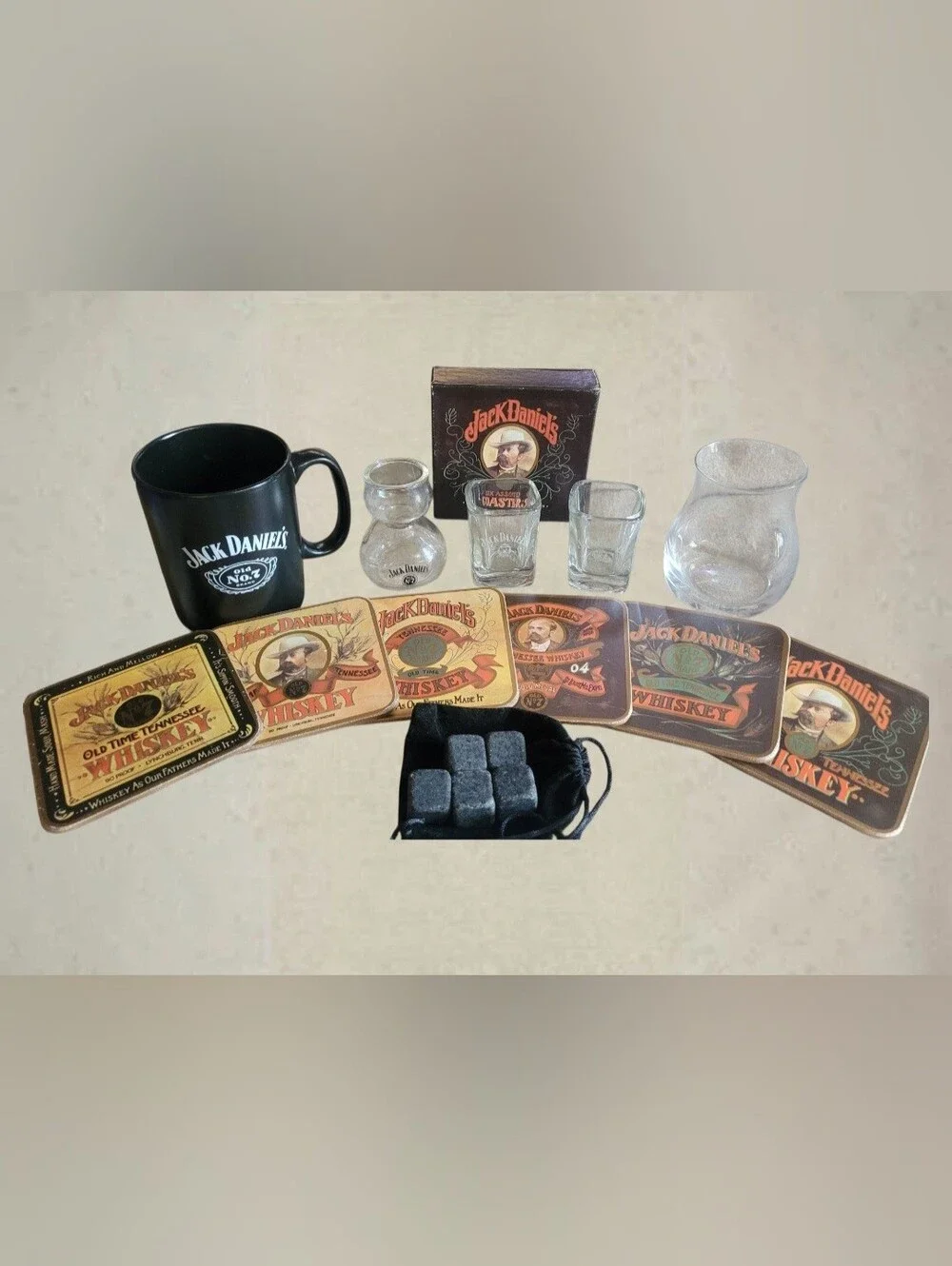 JACK DANIELS #7 LOT - COASTERS, SHOT GLASSES, GLENCAIRN CRYSTAL, BASALT STONES